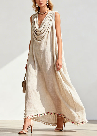 Loose Draped Neckline Floral Patchwork Linen Maxi Dresses Sleeveless