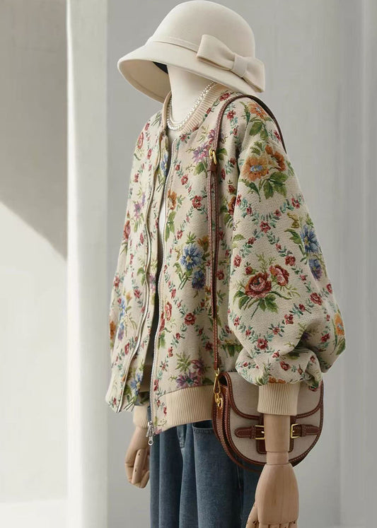 Loose Floral Jacquard Zip Up Baseball Jacket Fall