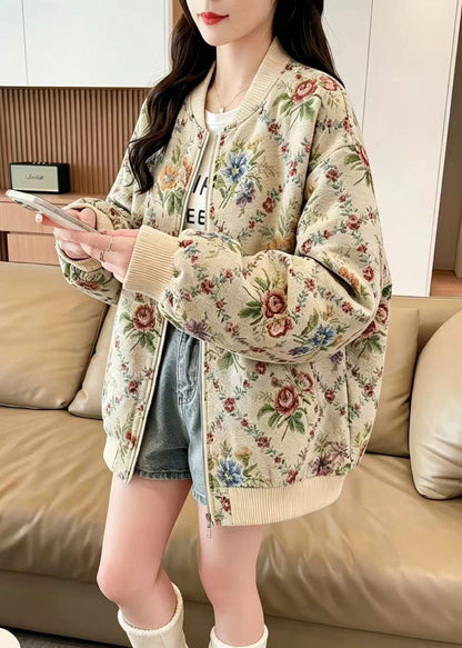 Loose Floral Jacquard Zip Up Baseball Jacket Fall