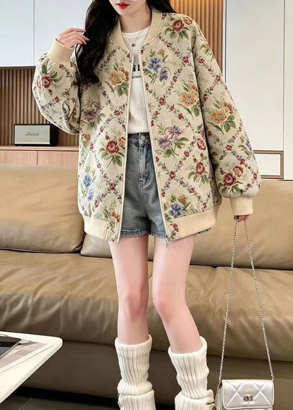 Loose Floral Jacquard Zip Up Baseball Jacket Fall