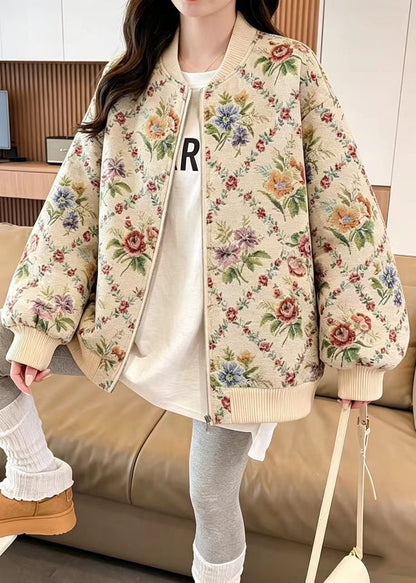 Loose Floral Jacquard Zip Up Baseball Jacket Fall