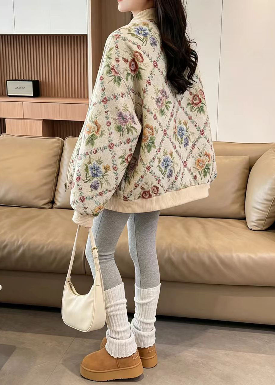 Loose Floral Jacquard Zip Up Baseball Jacket Fall