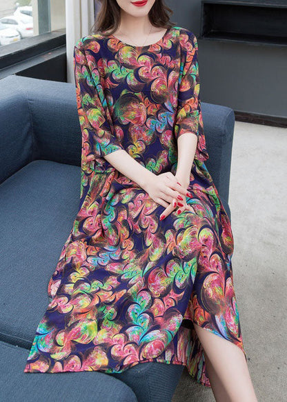 Loose Floral O-Neck Side Open Patchwork Chiffon Long Dresses Summer