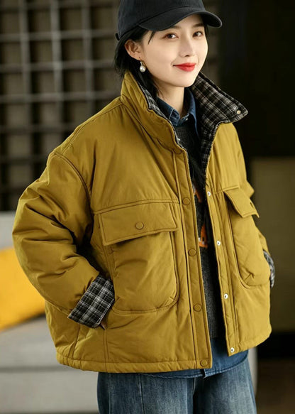 Loose Ginger Yellow Stand Collar Patchwork Plaid Big Pockets Puffer Jackets Winter