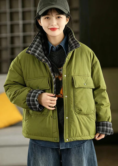 Loose Ginger Yellow Stand Collar Patchwork Plaid Big Pockets Puffer Jackets Winter