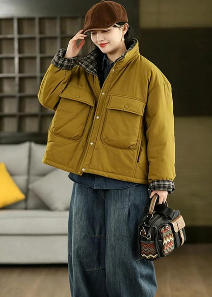 Loose Ginger Yellow Stand Collar Patchwork Plaid Big Pockets Puffer Jackets Winter
