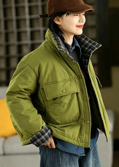 Loose Ginger Yellow Stand Collar Patchwork Plaid Big Pockets Puffer Jackets Winter