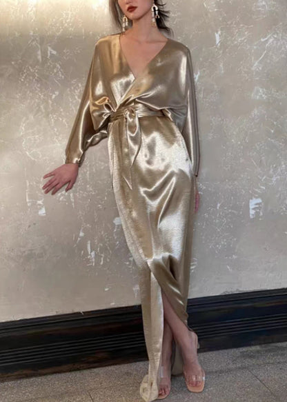 Loose Gold V Neck Tie Waist Pockets Silk Long Dresses Fall