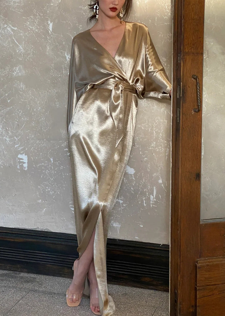 Loose Gold V Neck Tie Waist Pockets Silk Long Dresses Fall