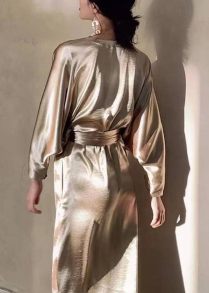 Loose Gold V Neck Tie Waist Pockets Silk Long Dresses Fall