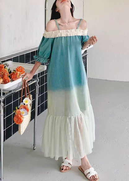 Loose Gradient Color Ruffled Tulle Patchwork Long Dresses Butterfly Sleeve