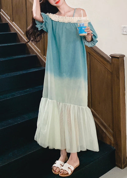 Loose Gradient Color Ruffled Tulle Patchwork Long Dresses Butterfly Sleeve