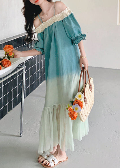 Loose Gradient Color Ruffled Tulle Patchwork Long Dresses Butterfly Sleeve