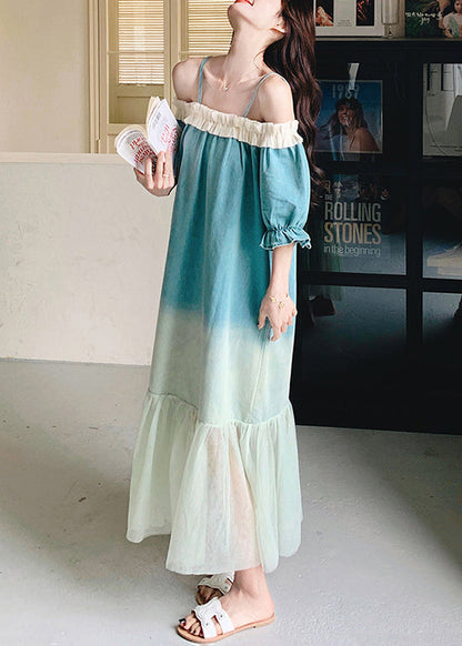 Loose Gradient Color Ruffled Tulle Patchwork Long Dresses Butterfly Sleeve