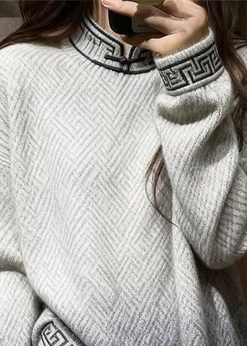 Loose Gradient Color Stand Collar Geometric Knit Sweaters Winter