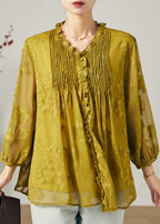 Loose Grass Green Ruffled Wrinkled Chiffon Shirt Top Summer