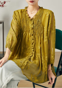 Loose Grass Green Ruffled Wrinkled Chiffon Shirt Top Summer