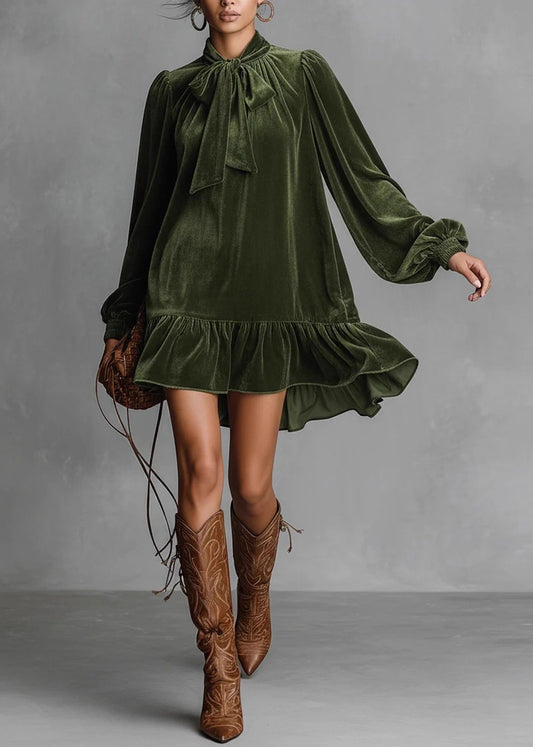 Loose Green Bow Wrinkled Solid Silk Velvet Mid Dress Spring
