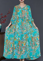 Loose Green Cinched Print Chiffon Holiday Dress Spring