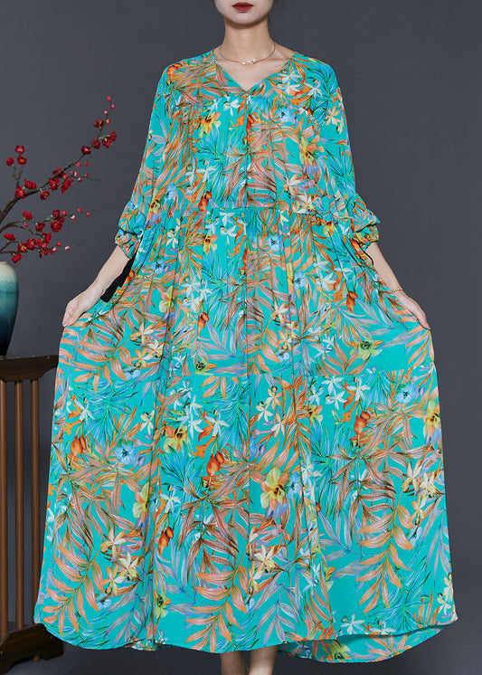 Loose Green Cinched Print Chiffon Holiday Dress Spring