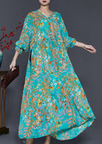 Loose Green Cinched Print Chiffon Holiday Dress Spring