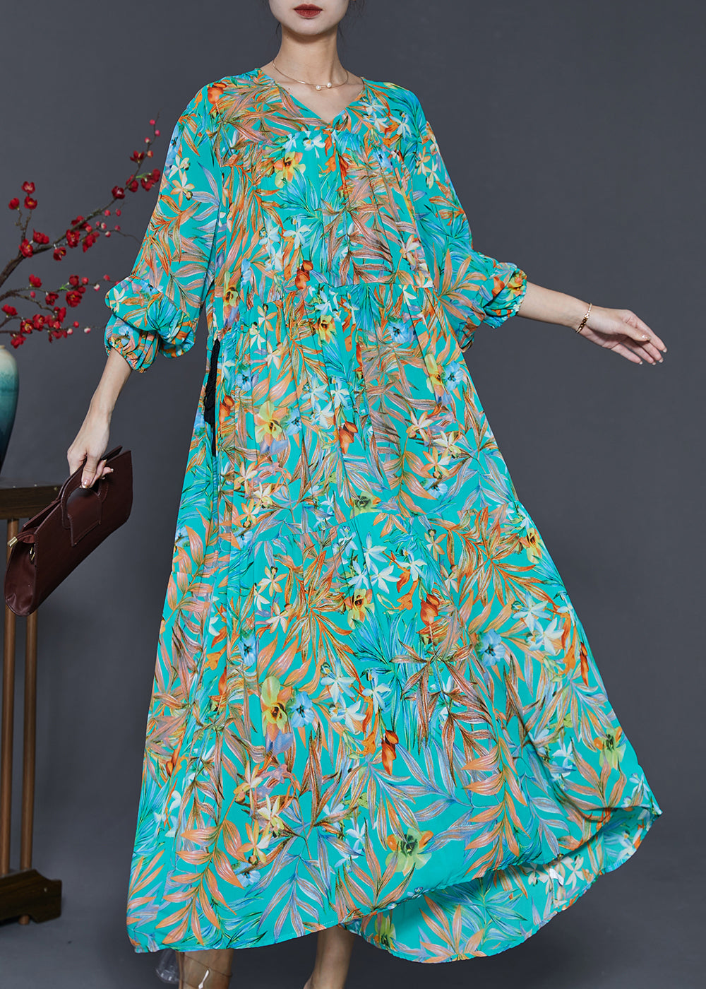 Loose Green Cinched Print Chiffon Holiday Dress Spring