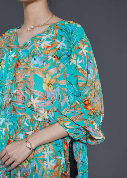 Loose Green Cinched Print Chiffon Holiday Dress Spring
