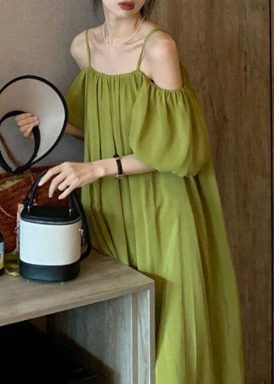 Loose Green Cold Shoulder Solid Cotton Spaghetti Strap Dress Summer