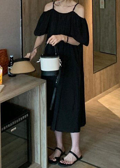 Loose Green Cold Shoulder Solid Cotton Spaghetti Strap Dress Summer