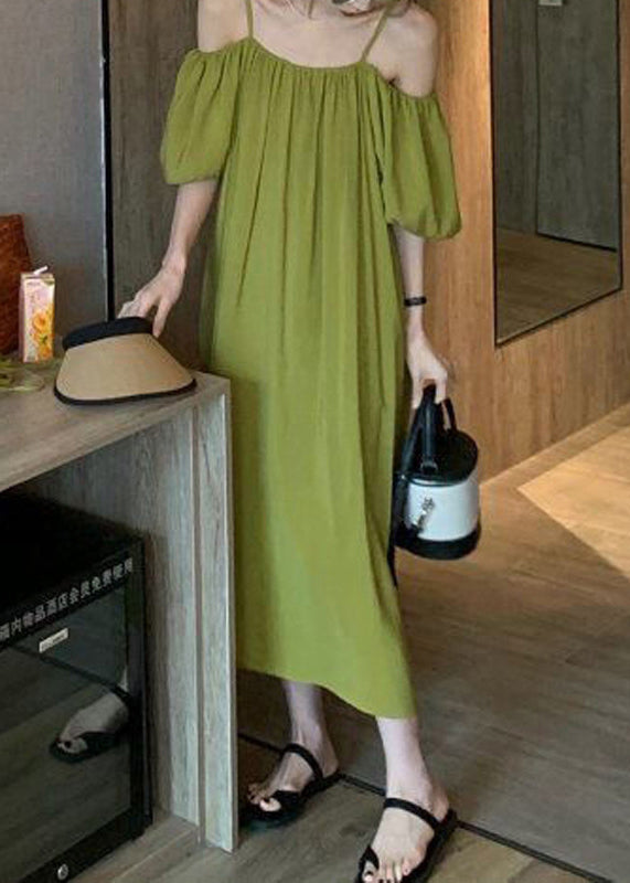 Loose Green Cold Shoulder Solid Cotton Spaghetti Strap Dress Summer