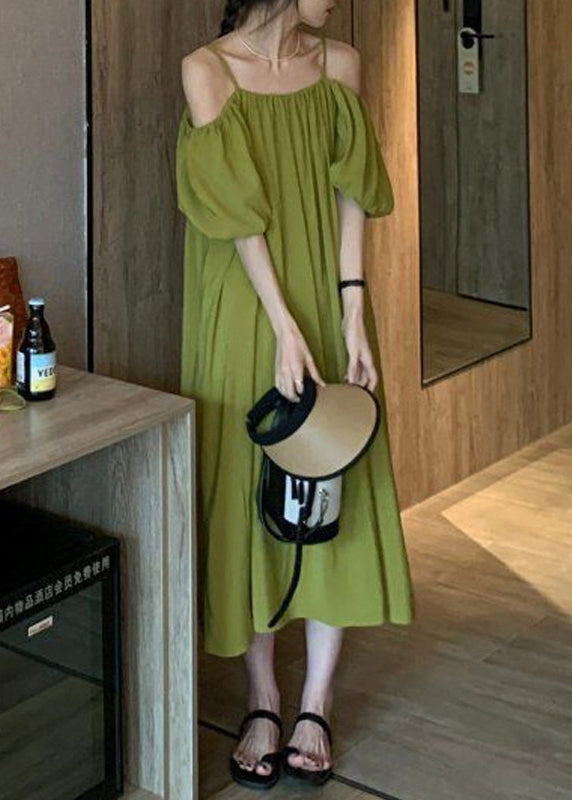 Loose Green Cold Shoulder Solid Cotton Spaghetti Strap Dress Summer