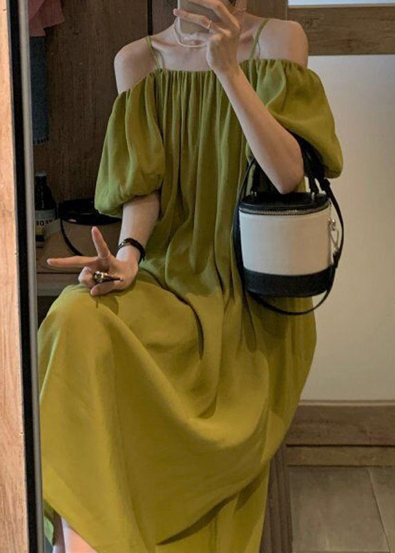 Loose Green Cold Shoulder Solid Cotton Spaghetti Strap Dress Summer