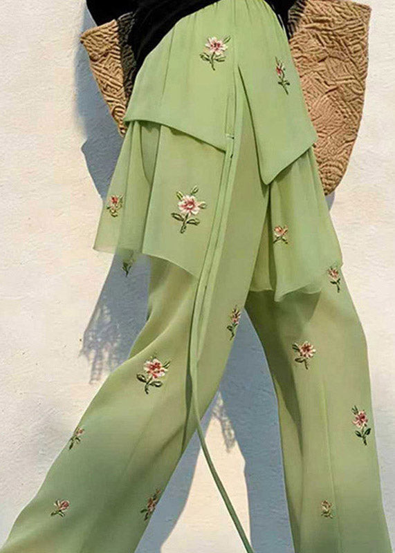 Loose Green Elastic Waist Patchwork Tulle Straight Pants