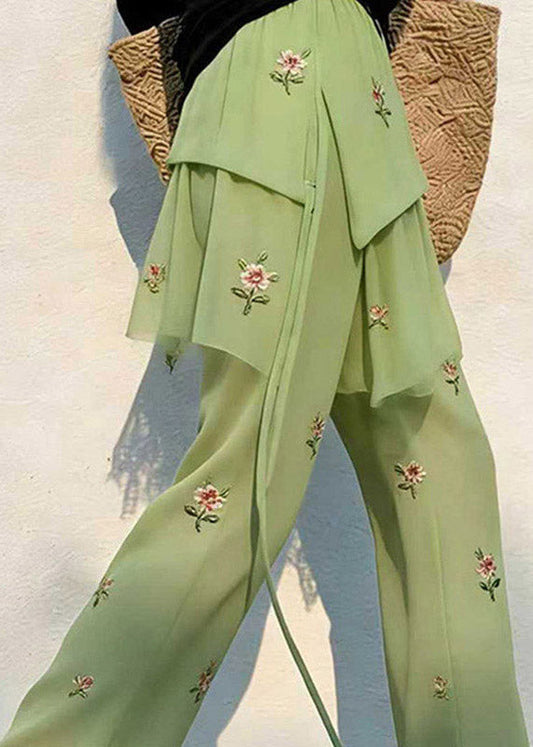 Loose Green Elastic Waist Patchwork Tulle Straight Pants