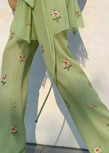 Loose Green Elastic Waist Patchwork Tulle Straight Pants