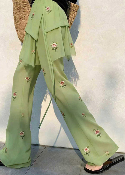 Loose Green Elastic Waist Patchwork Tulle Straight Pants