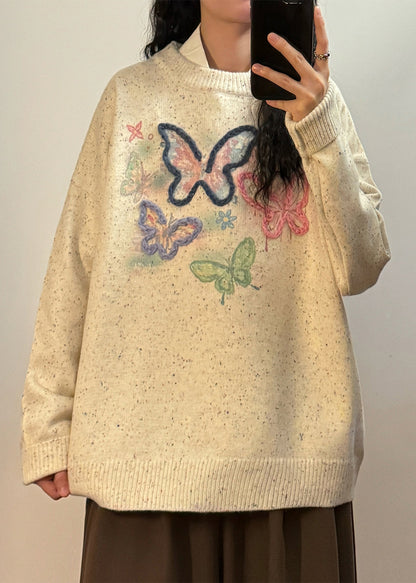 Loose Green Embroidered Butterfly Knit Sweater Tops Spring