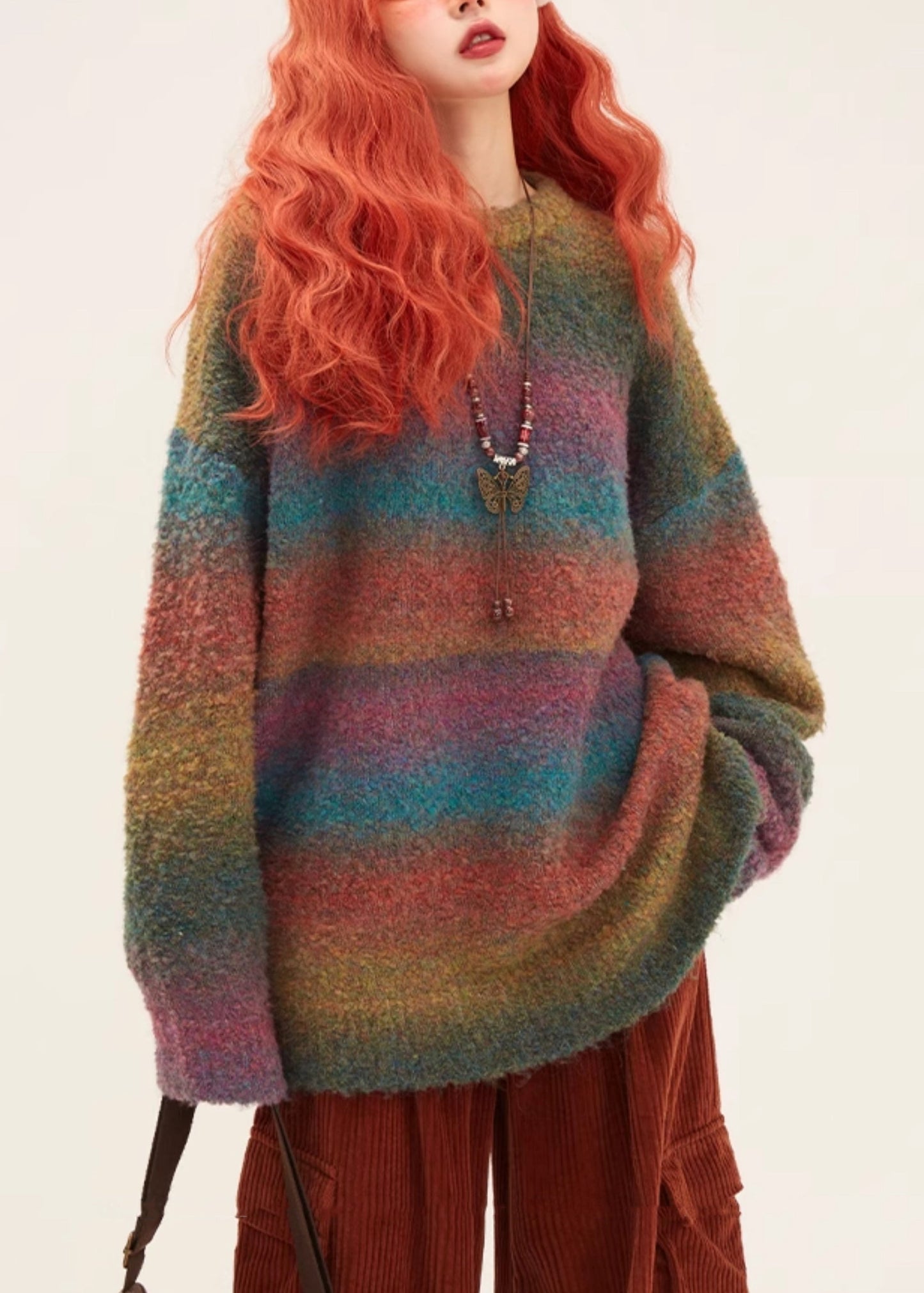 Loose Green Gradient Color Cozy Knit Sweater Winter