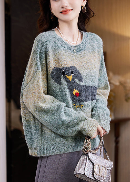 Loose Green Gradient Color O Neck Animal Knit Sweater Winter