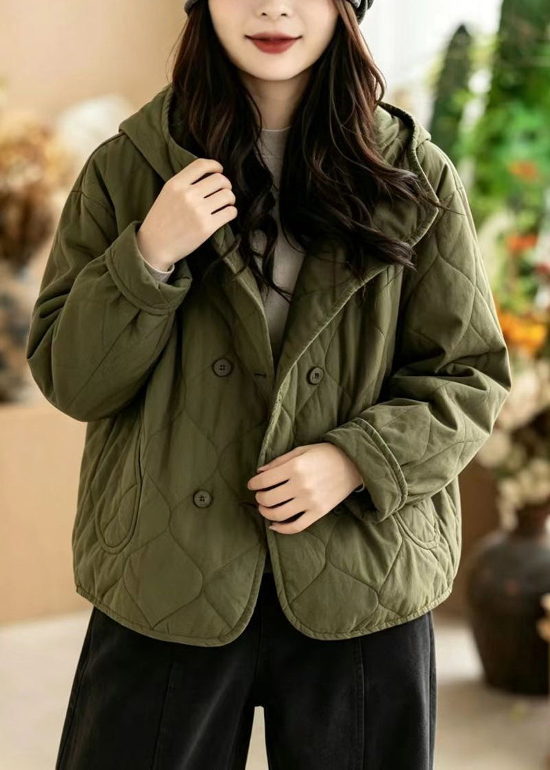 Loose Green Hooded Button Diamond Quiled Cotton Filled Jackets Winter