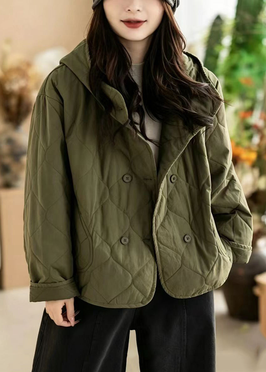 Loose Green Hooded Button Diamond Quiled Cotton Filled Jackets Winter