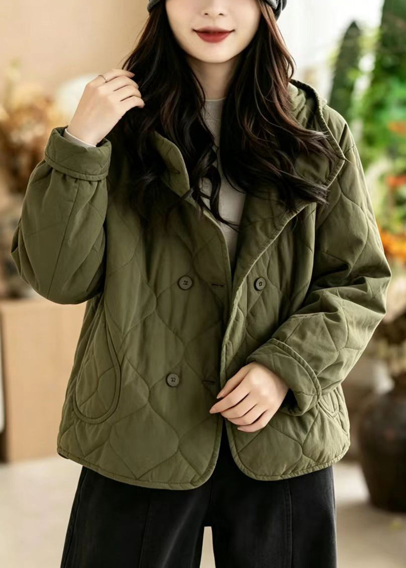 Loose Green Hooded Button Diamond Quiled Cotton Filled Jackets Winter