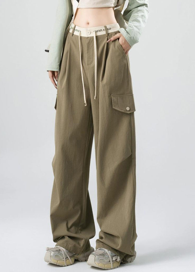 Loose Green Lace Up Pockets Cotton Pants Spring