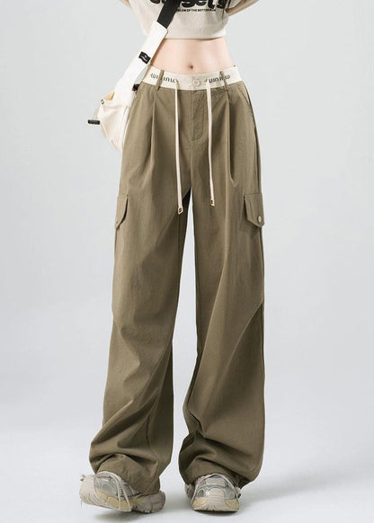 Loose Green Lace Up Pockets Cotton Pants Spring