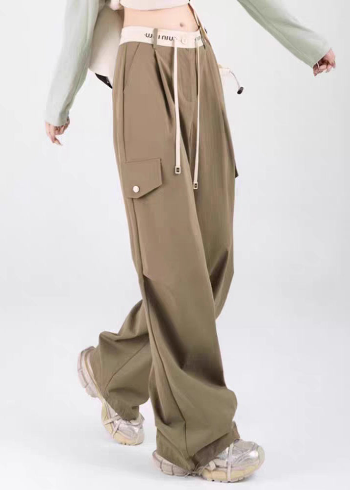 Loose Green Lace Up Pockets Cotton Pants Spring