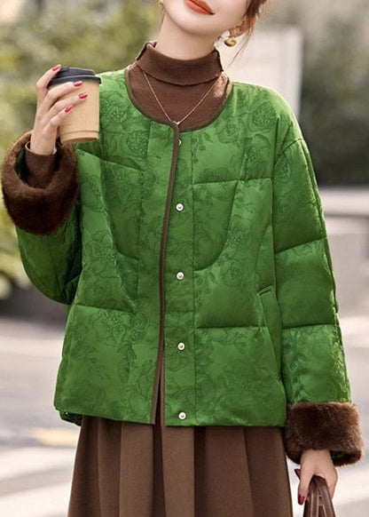 Loose Green O Neck Fluffy Patchwork Down Coats Winter