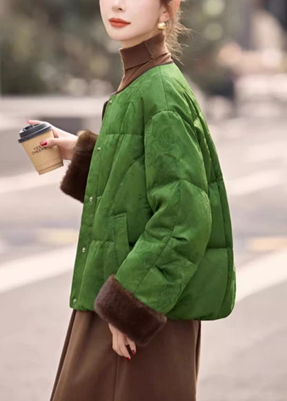 Loose Green O Neck Fluffy Patchwork Down Coats Winter