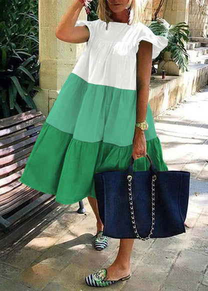 Loose Green O Neck Patchwork Cotton Dresses Summer
