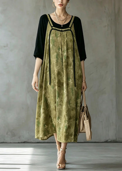 Loose Green O-Neck Patchwork Fake Two-Piece Long Dresses Half Sleeve