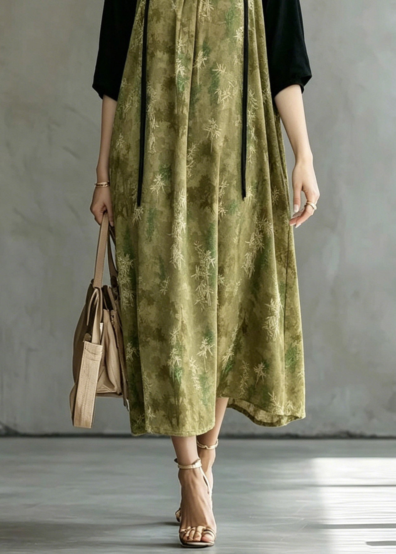 Loose Green O-Neck Patchwork Fake Two-Piece Long Dresses Half Sleeve